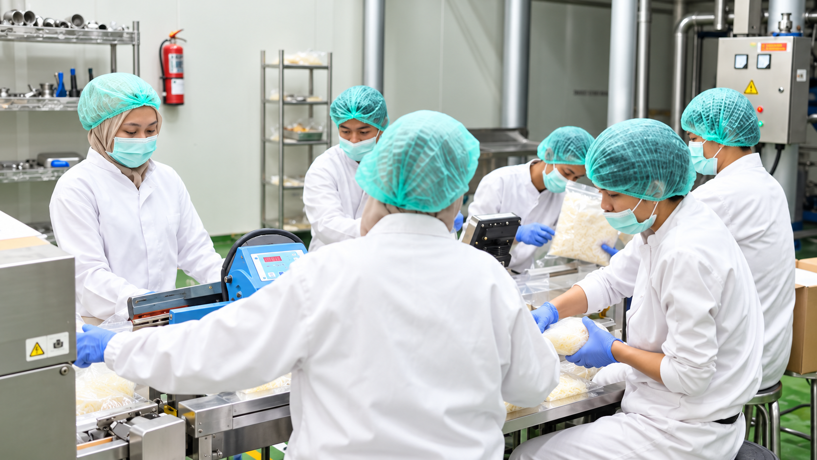 Food production team working together in a manufacturing facility